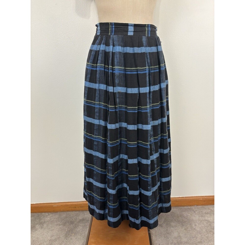 Vtg Schneiders Salzburg Austria Cotton Linen Plaid Skirt 28.5 Waist Pleated Blue